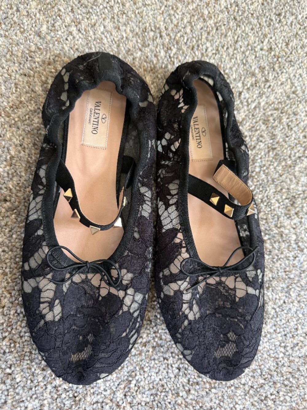 Valentino Black Lace Studded Mary Jane Flats